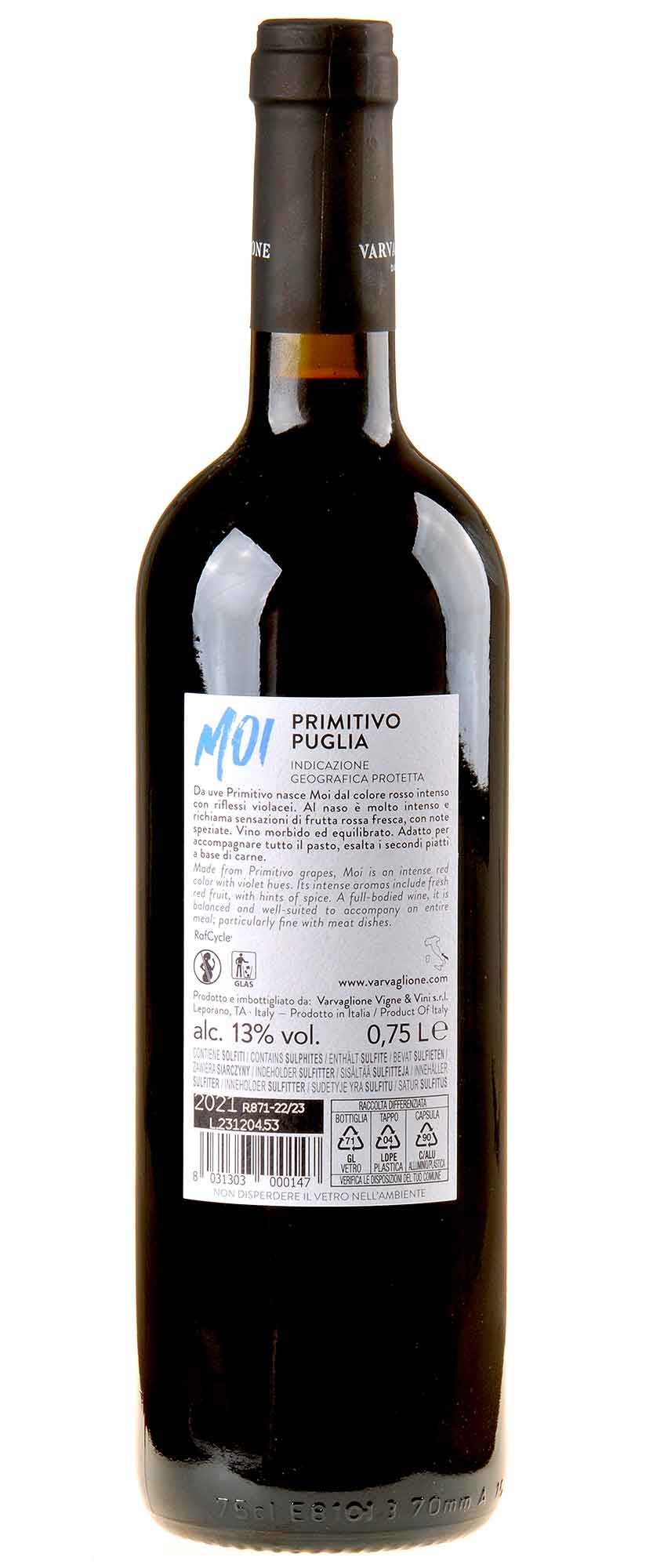 Varvaglione Moi Primitivo IGP Puglia 2021 Rücketikett
