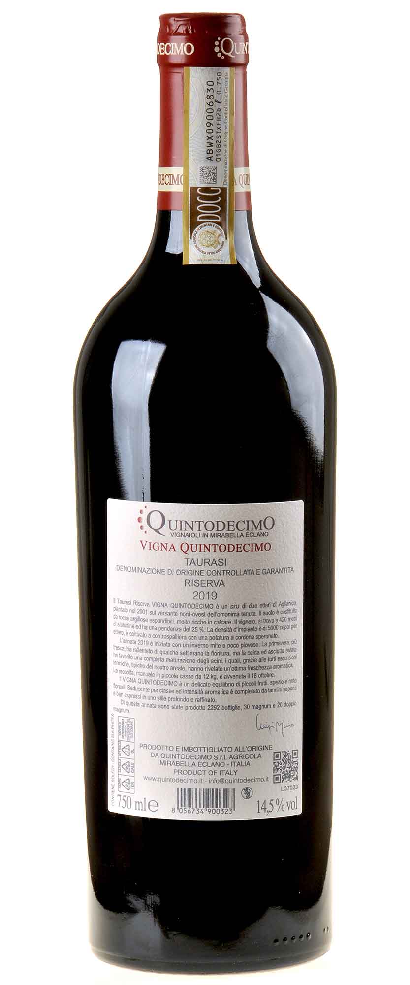 Quintodecimo Vigna Quintodecimo Taurasi Riserva 2019 Rücketikett