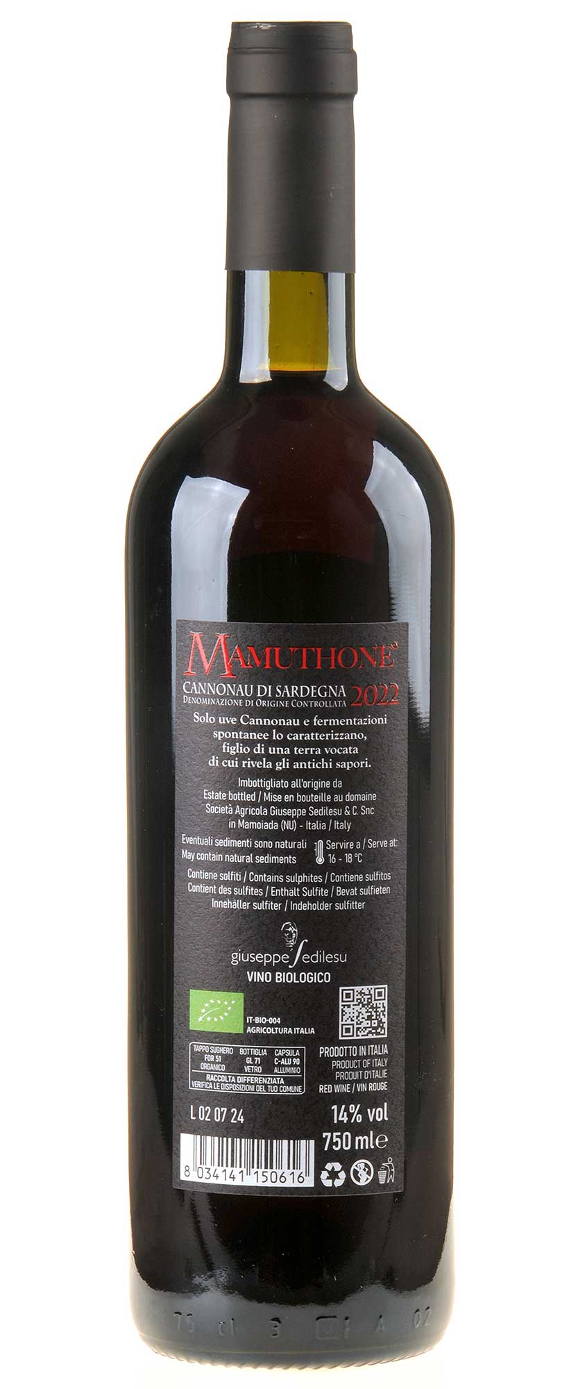 Cantina Giuseppe Sedilesu Mamuthone Cannonau di Sardegna Bio 2022 Rücketikett