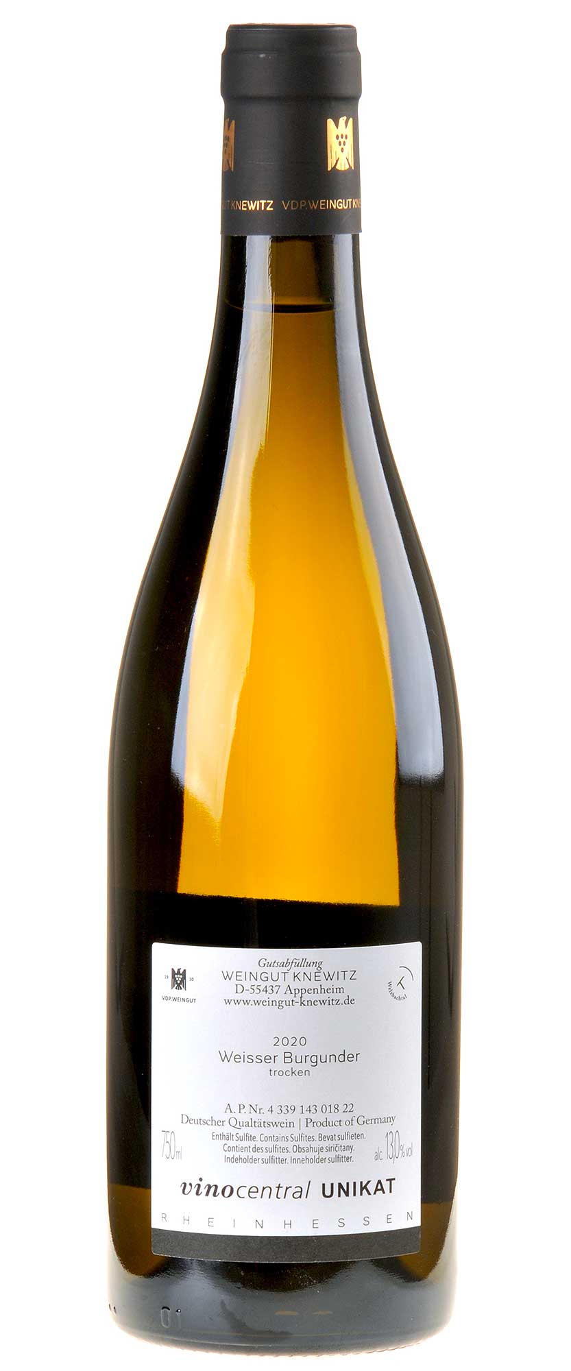 Weingut Knewitz Weißer Burgunder vinocentral UNIKAT 2020 Rücketikett