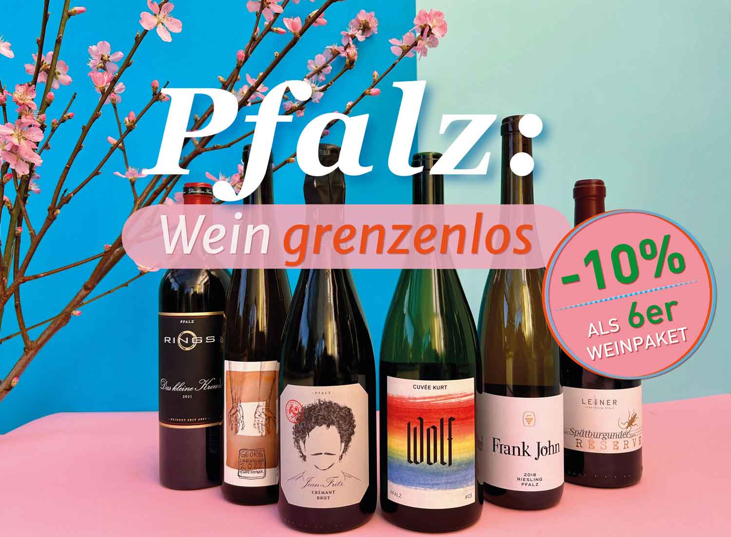 6er-Weinpaket Pfalz grenzenlos zum Newsletter gusto Nr. 4 mit 5 x 0,75l und 1 x 1,0l