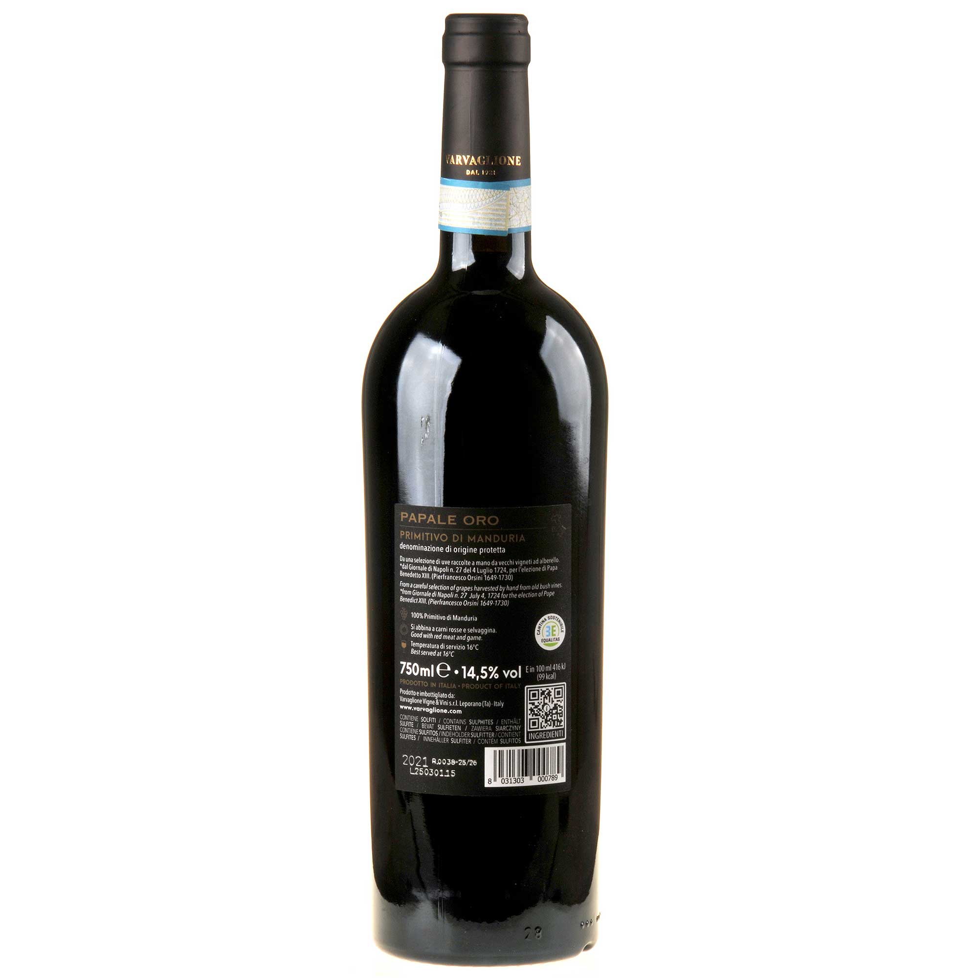 Varvaglione Papale Linea Oro Primitivo di Manduria 2021 Rücketikett