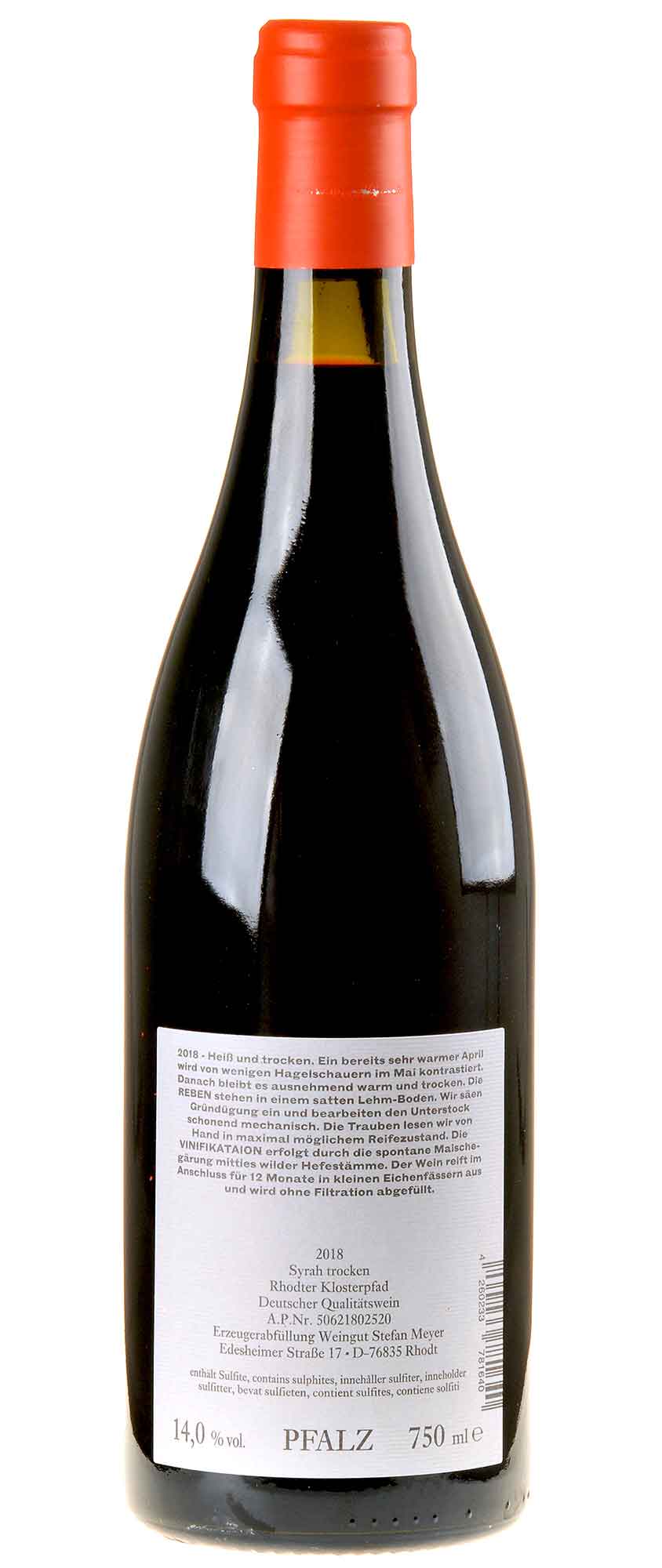 Weingut Stefan Meyer Syrah Rhodter Klosterpfad 2018 Rücketikett