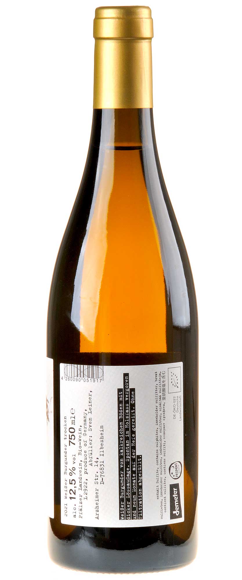 Weingut Leiner Weißer Burgunder KALK.BODEN Bio 2021 Rücketikett