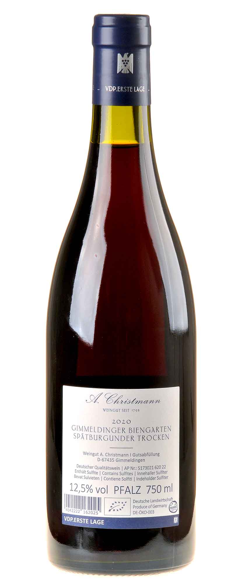 A.Christmann Spätburgunder Gimmeldinger Biengarten Erste Lage Bio 2020 Rücketikett