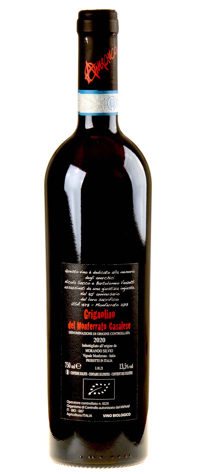 Silvio Morando Anarchico Grignolino del Monferrato Casalese Bio 2020 Rücketikett