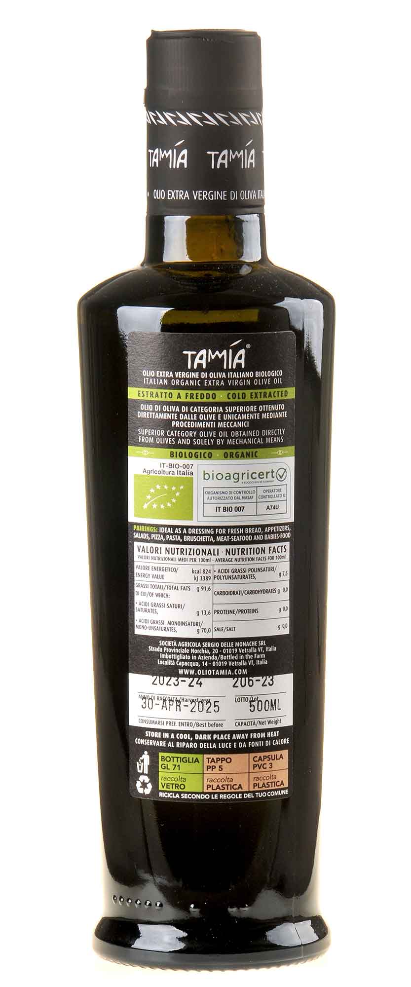 Tamia Caninese Olivenöl extra Vergine Bio 2023/24 500ml Rücketikett