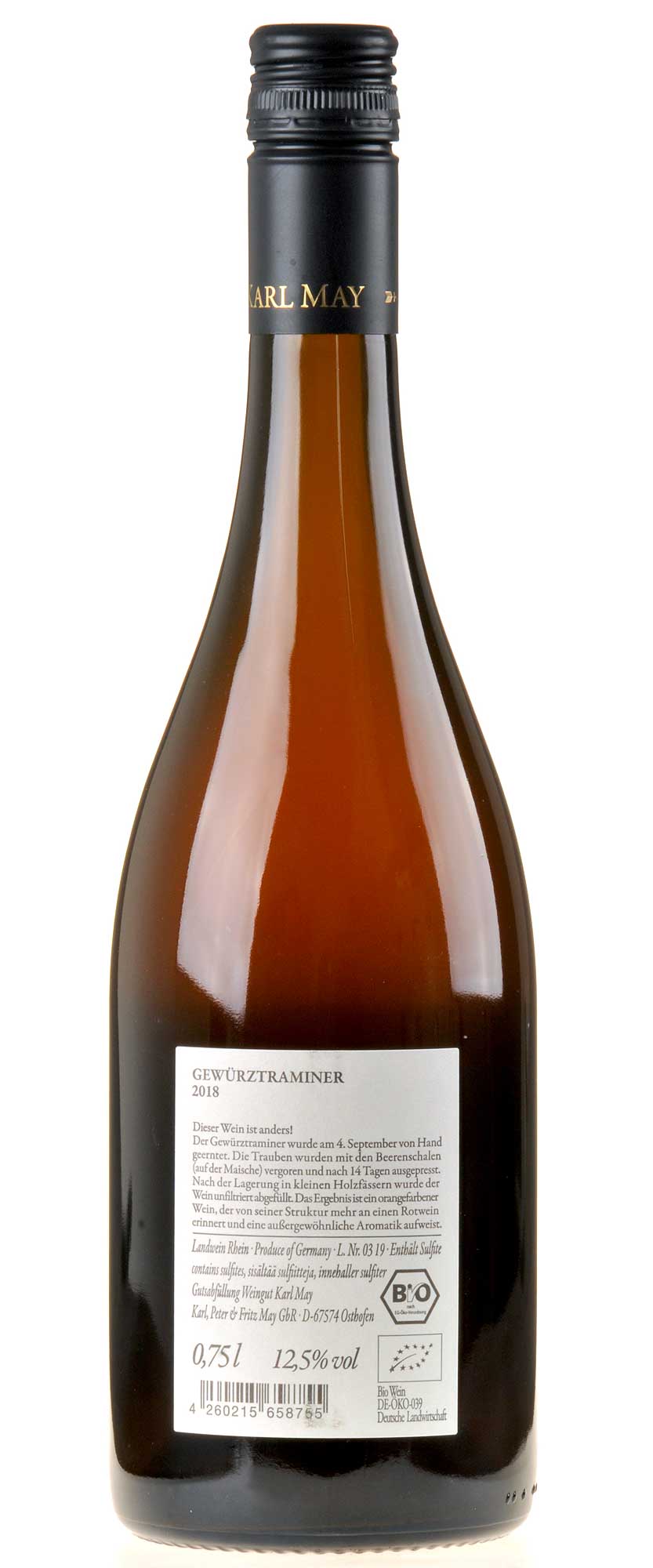 Karl May NOrange Gewürztraminer 2018 Bio Rücketikette