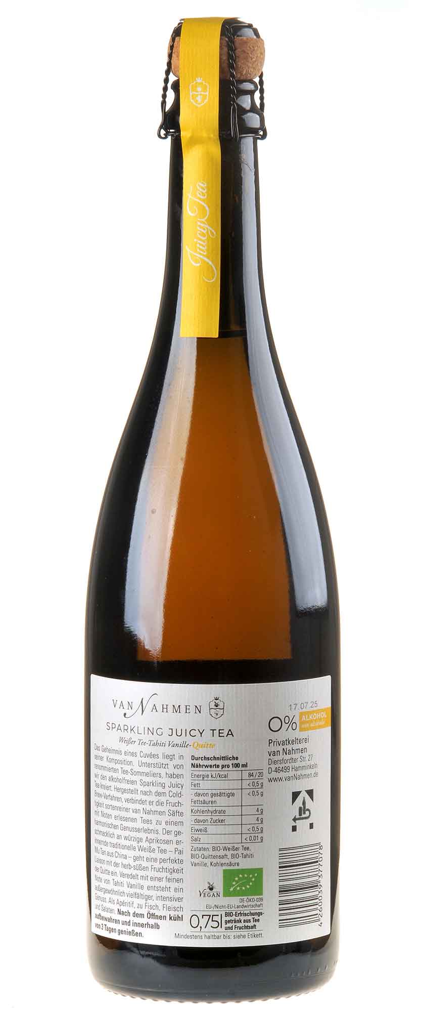 Van Nahmen Sparkling Juicy Tea weißer Tee mit Tahiti Vanille Quitte alkoholfrei Bio Rücketikett
