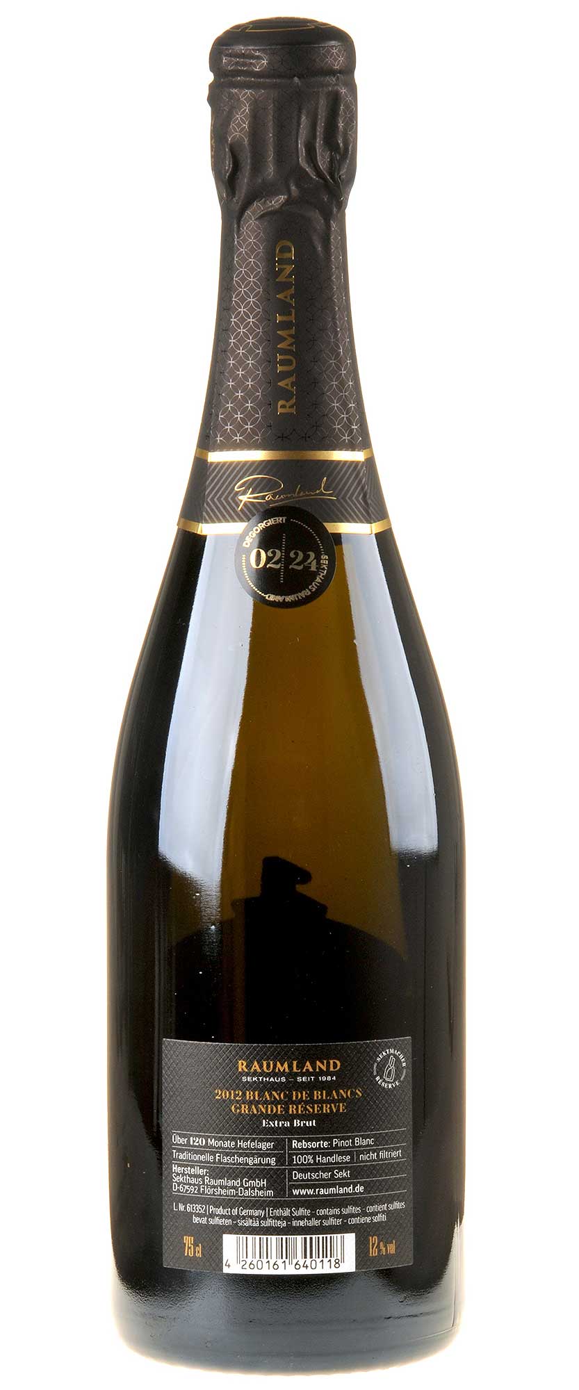 Sekthaus Raumland Blanc de Blancs Grande Réserve Extra Brut 2012 Rücketikett
