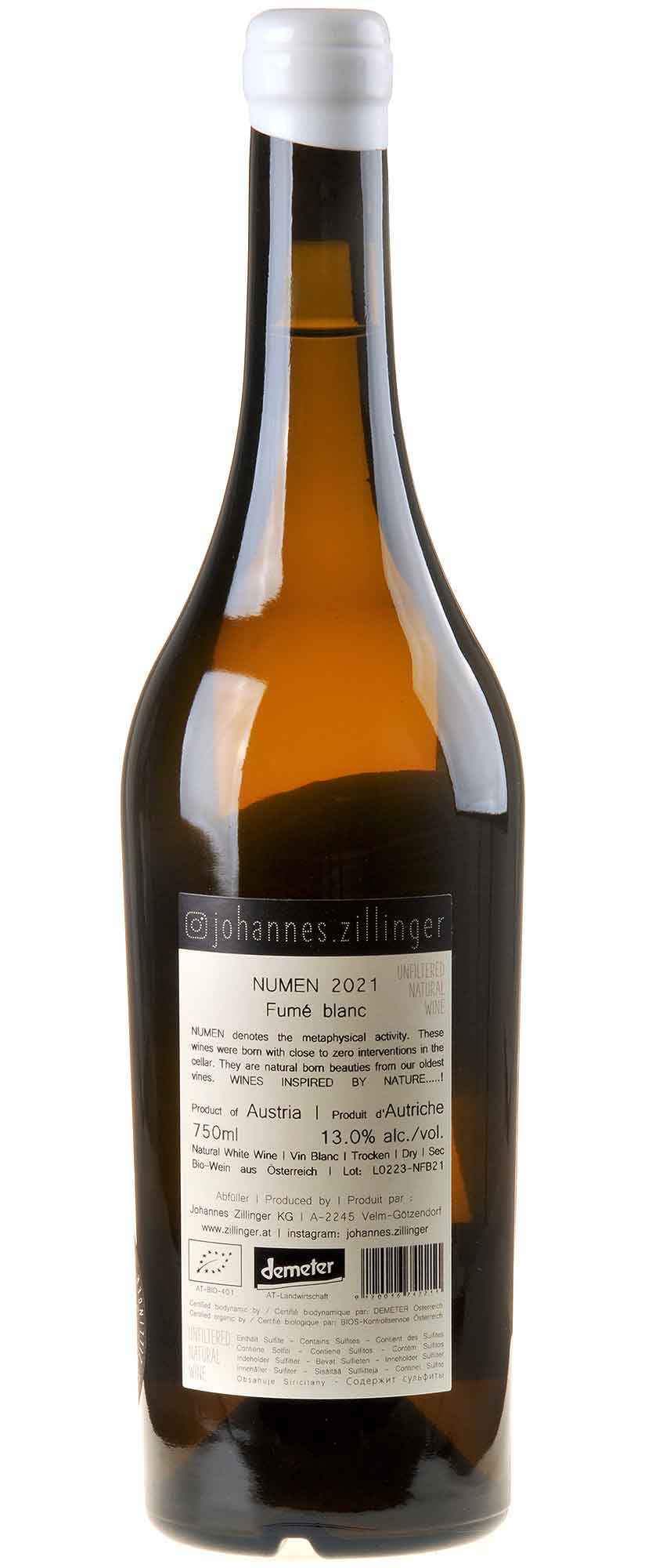 Johannes Zillinger NUMEN Fumé Blanc Bio 2021 Rücketikett
