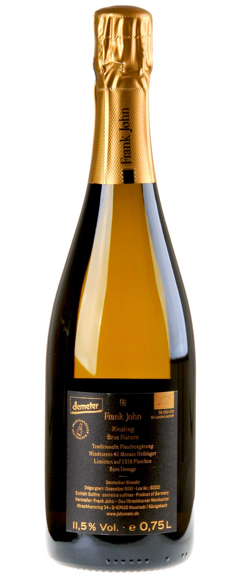 Frank John Riesling Brut min. 41 Mon. Hefelager Bio Rücketikett