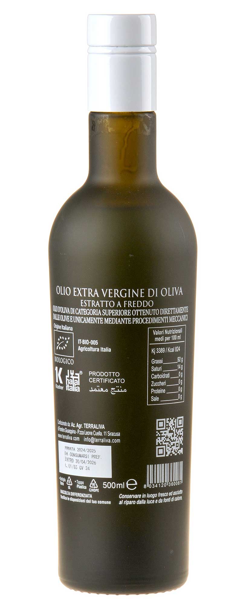 Terraliva Weiße Kapsel Cherubino Cipressino Olivenöl Extra Vergine bio 2024/2025 500ml Rücketikett