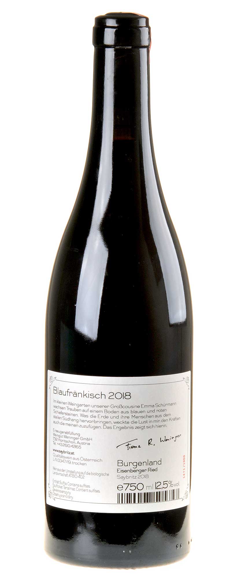 Weingut Weninger Blaufränkisch Saybritz 2018 Rücketikette