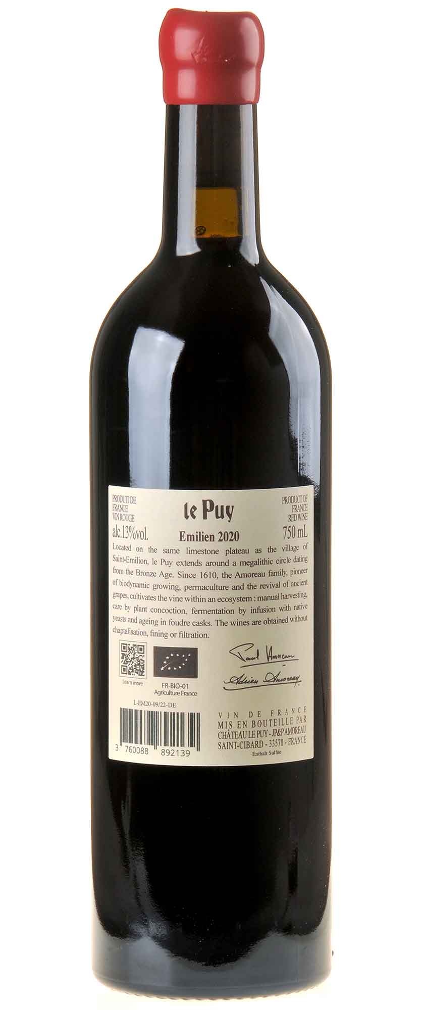 Château Le Puy Émilien Bio 2020 Rücketikett