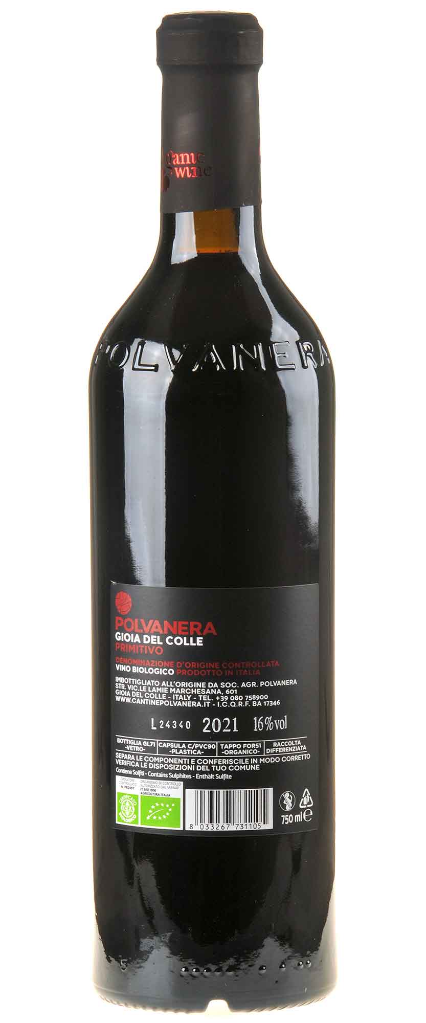 Polvanera Primitivo 16 Gioia del Colle Vigneto San Benedetto Bio 2021 Rücketikett
