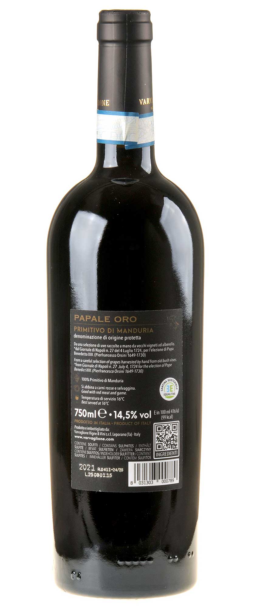 Varvaglione Papale Linea Oro Primitivo di Manduria 2021 Rücketikett