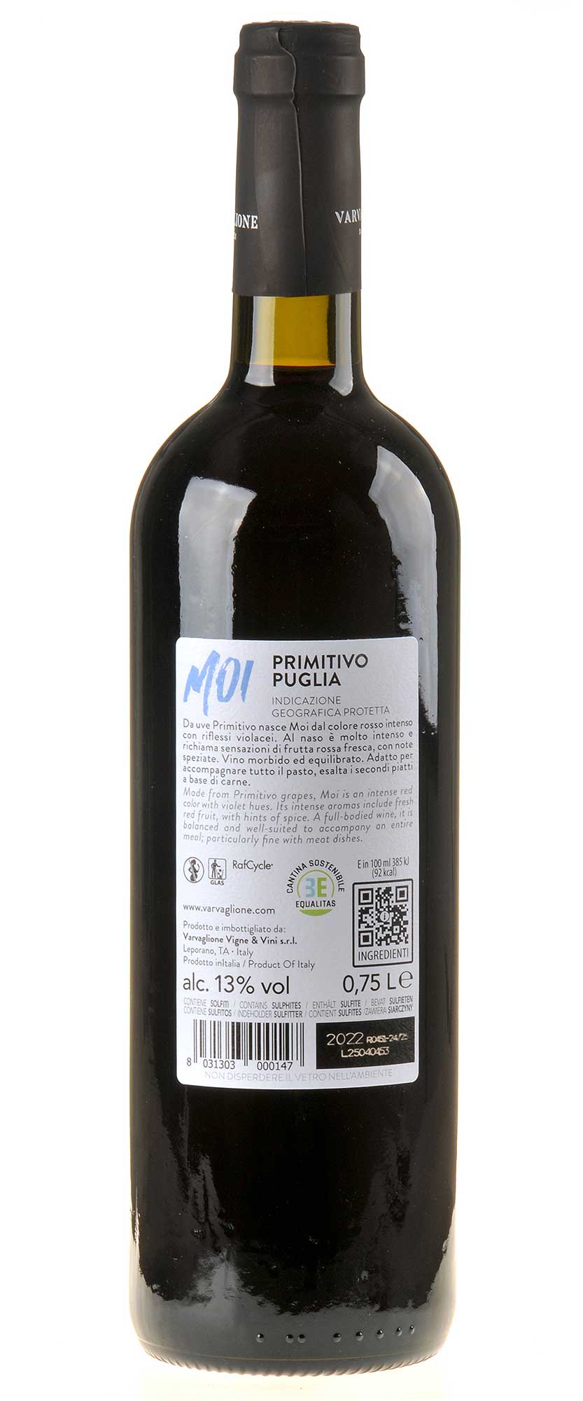 Varvaglione Moi Primitivo IGP Puglia 2022 Rücketikett