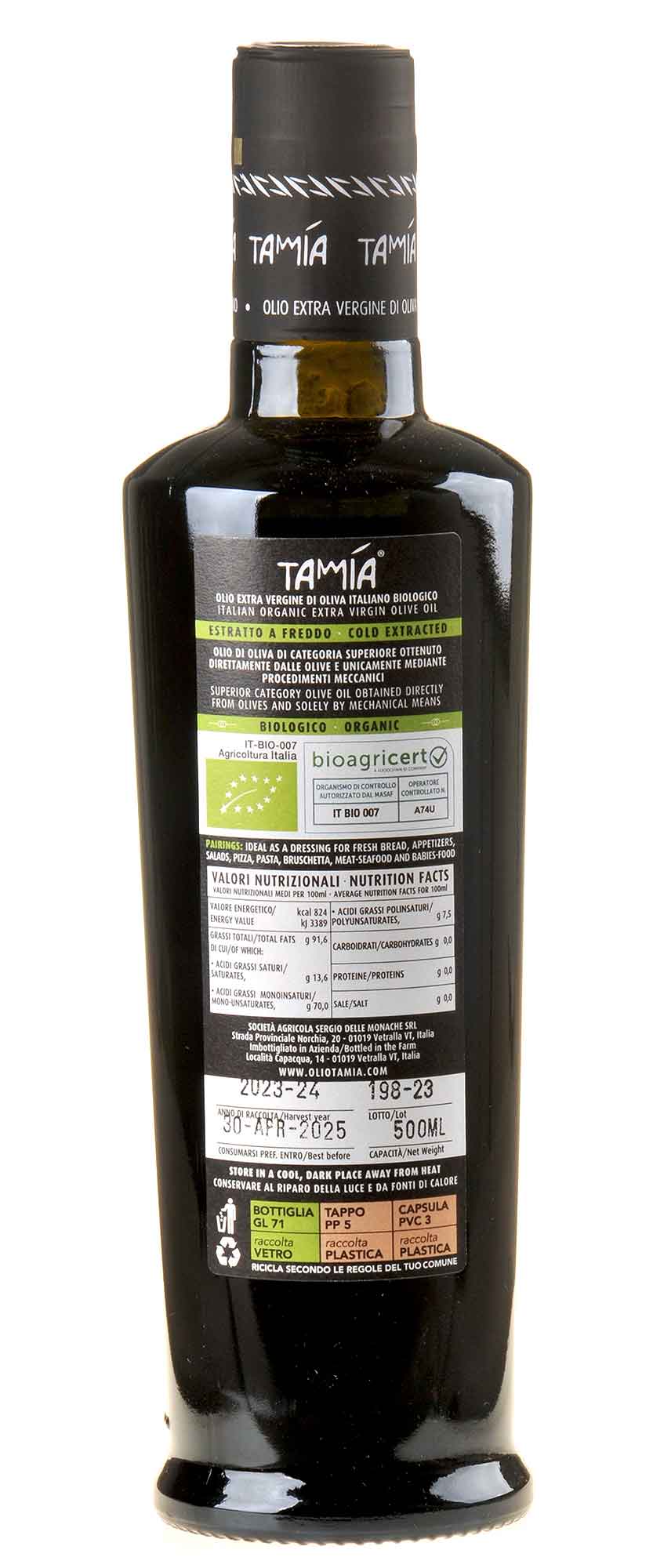 Tamia Maurino Olivenöl extra Vergine Bio 2023/24 500ml Rücketikett