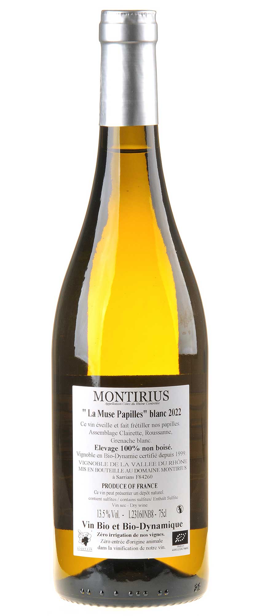 Montirius La Muse Papilles Côtes du Rhône Blanc 2022 Rücketikett