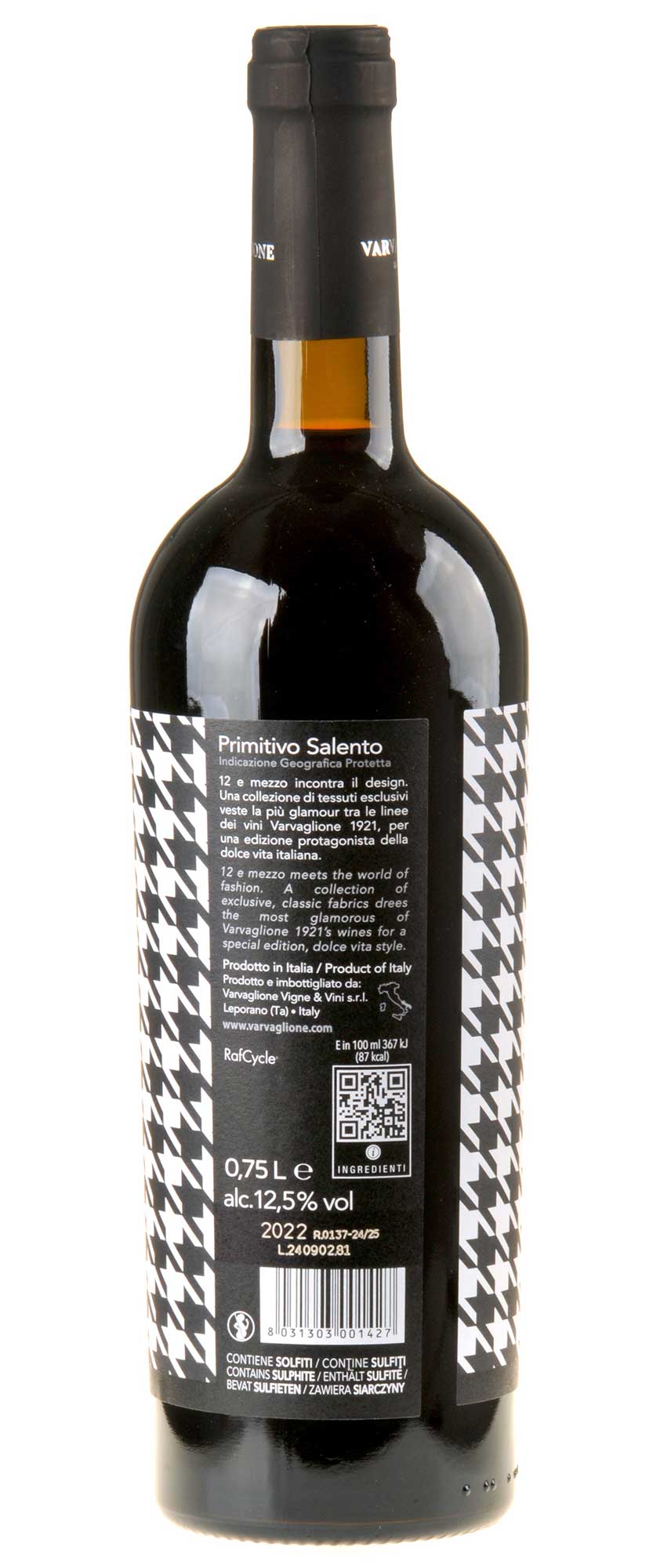 Varvaglione Fashion Edition Primitivo del Salento 12 e Mezzo 2022 Rücketikett