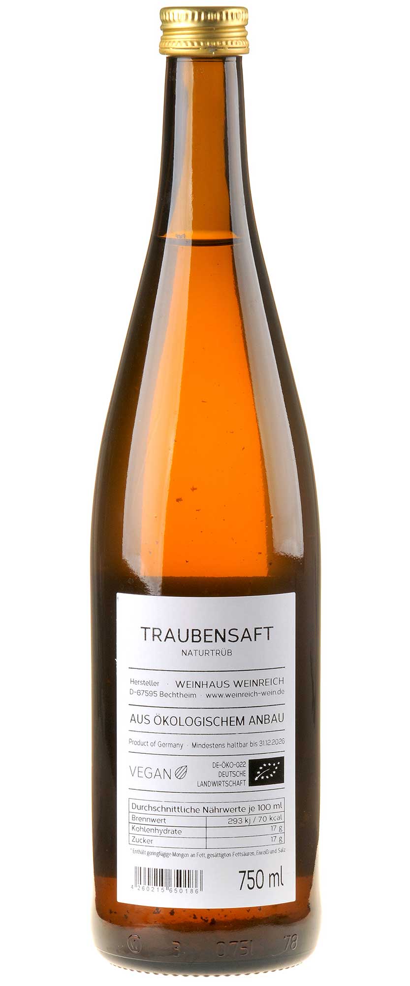 Weinreich Traubensaft weiß Bio naturtrüb Rücketikett