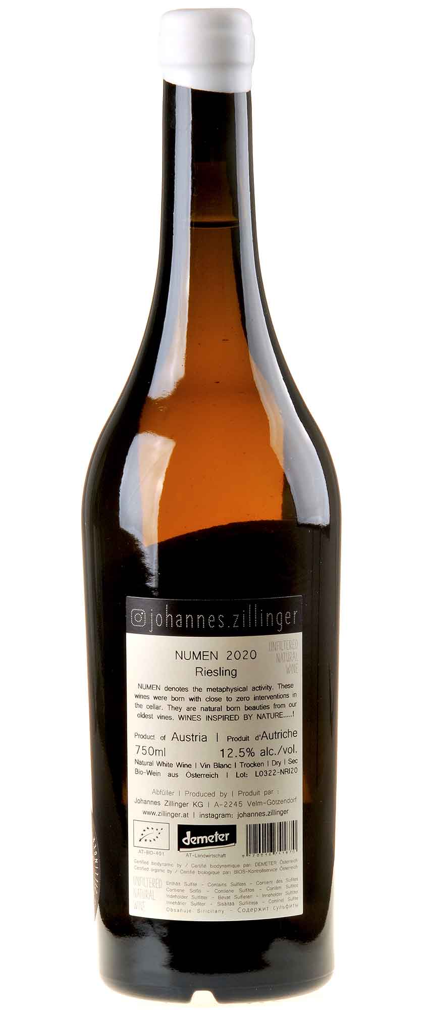 Johannes Zillinger NUMEN Riesling Bio 2020 Rücketikett
