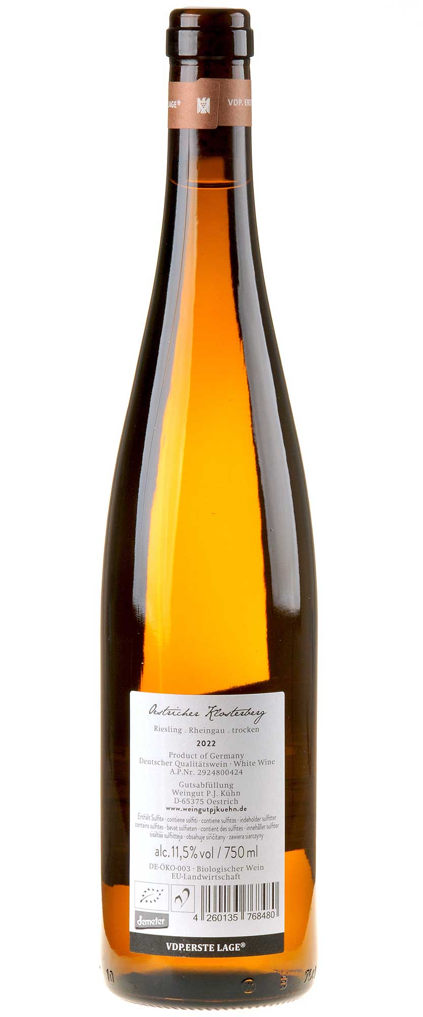 Weingut P.J.Kühn Riesling Oestricher Klosterberg Erste Lage Bio 2022 Rücketikett