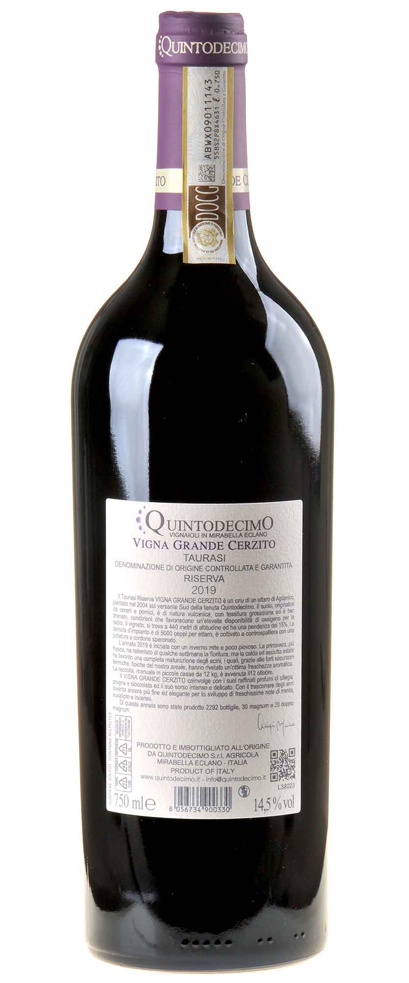 Quintodecimo Vigna Grande Cerzito Taurasi Riserva 2019 Rücketikett