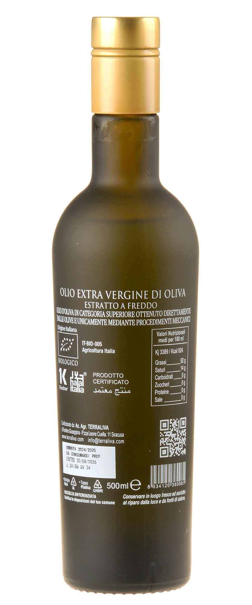 Terraliva goldene Kapsel Cherubino Tonda Iblea Olivenöl bio 2024 Rücketikett