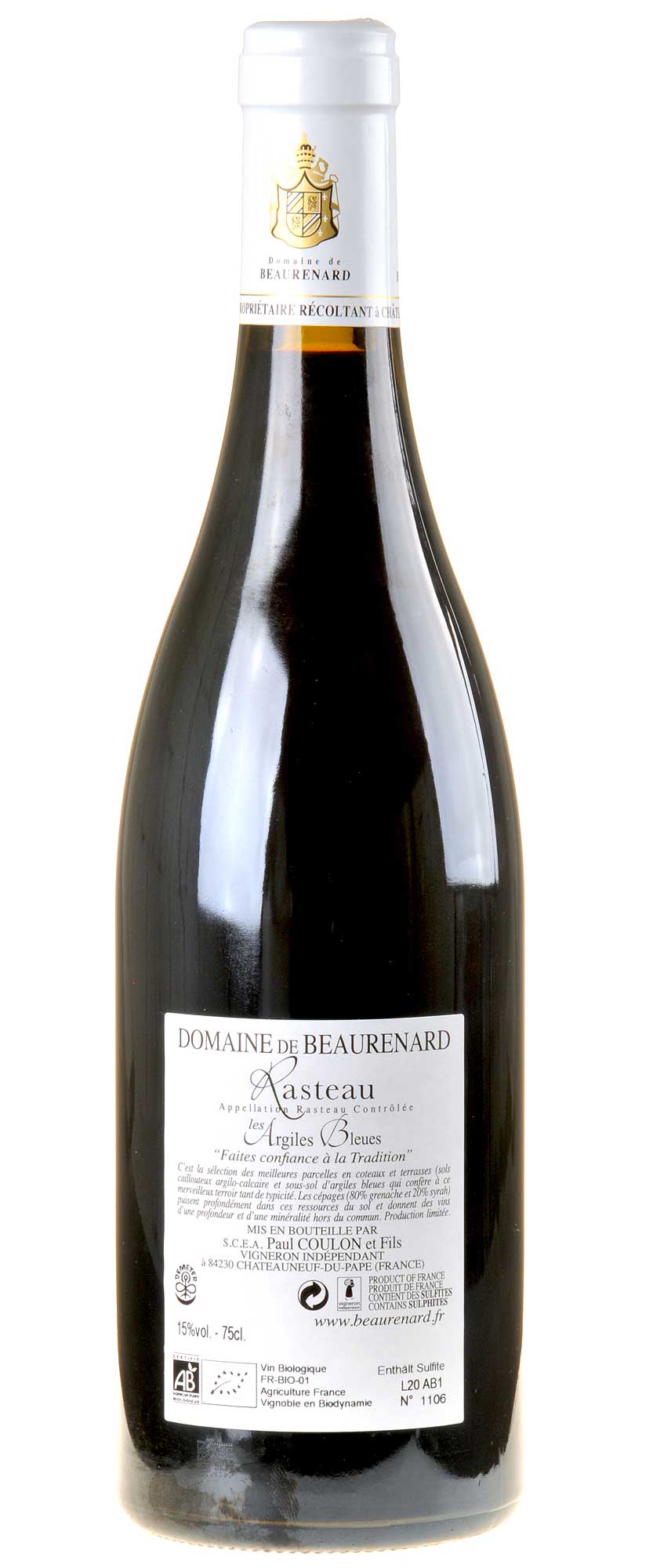 Domaine de Beaurenard "Les Argiles Bleues" Rasteau Bio 2016 Rücketikett