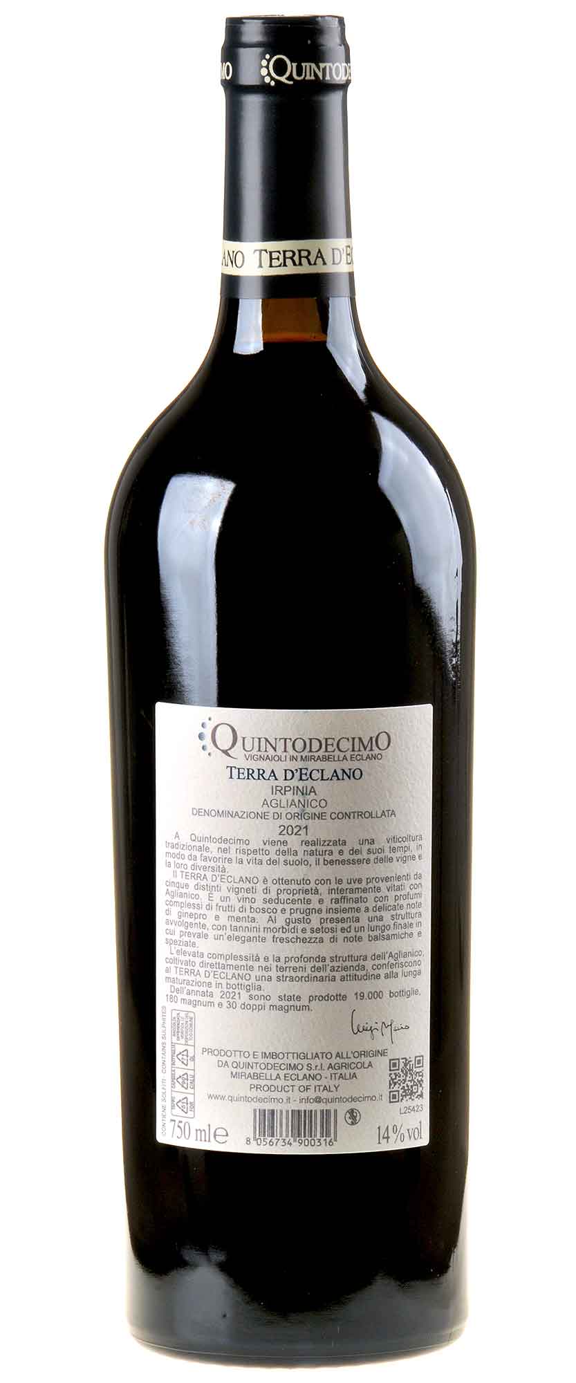 Quintodecimo Terra d'Eclano Aglianico Irpinia 2021 Rücketikett