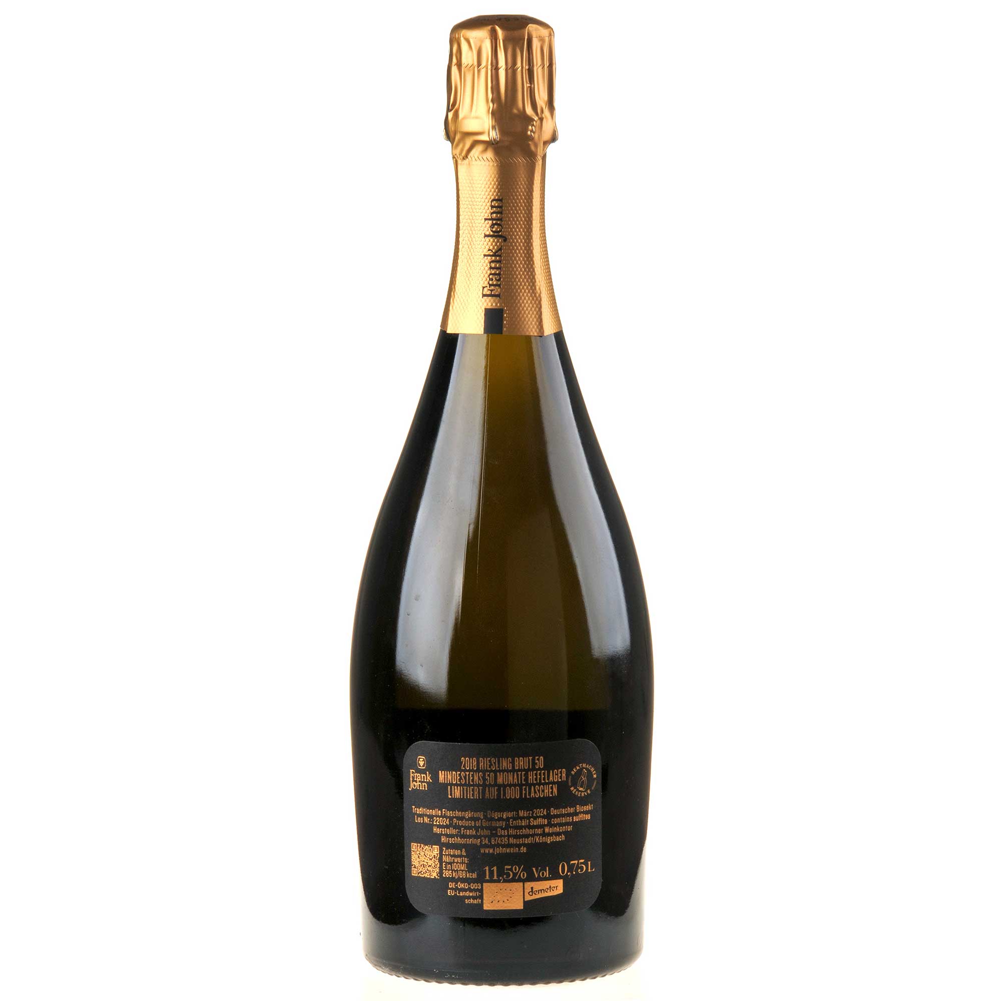 Frank John Riesling Brut min. 50 Mon. Hefelager Bio 2018 Ruecketikett