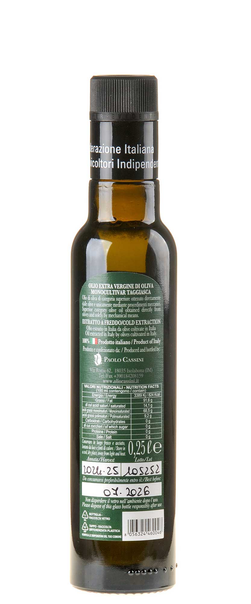 Paolo Cassini Olivenöl Extra Vergine Taggiasca S'ciappau 2024 250ml Rücketikett