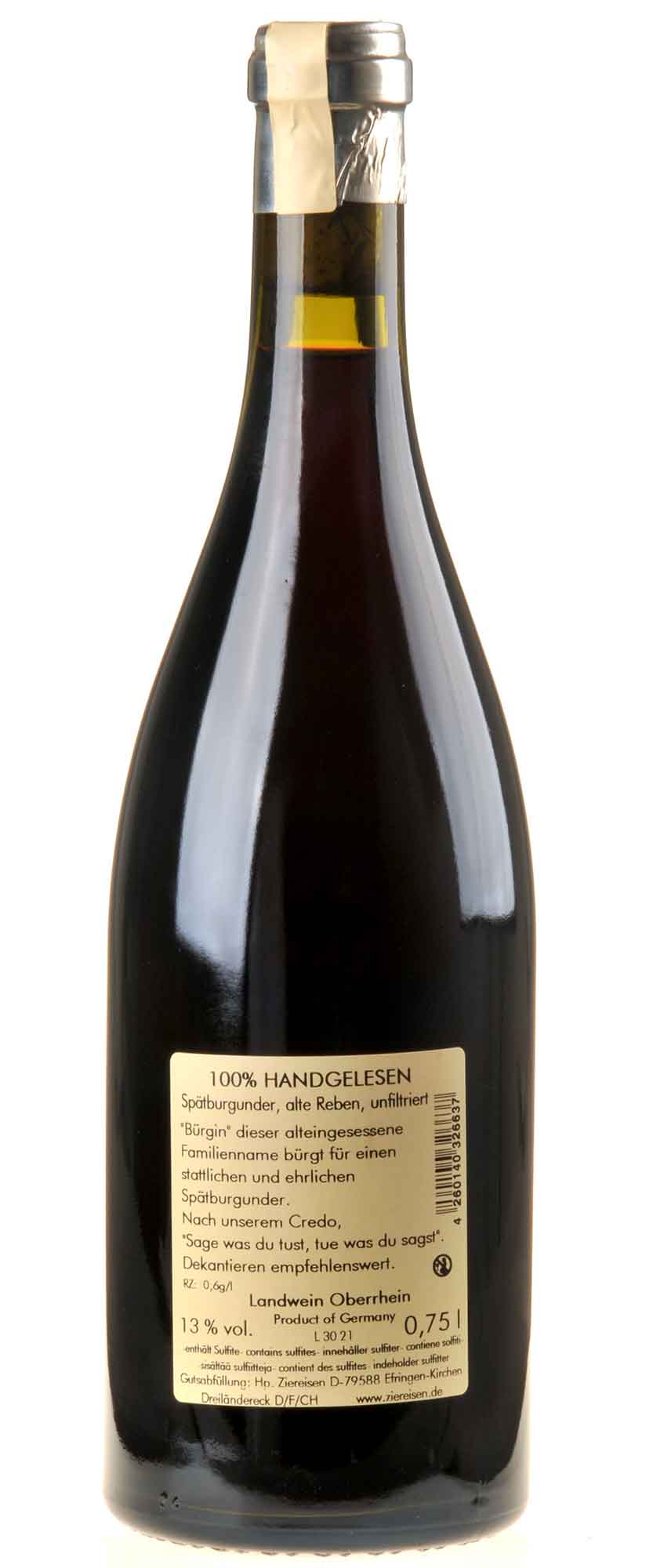 Weingut Ziereisen Jaspis Bürgin Spätburgunder Alte Reben 2019 Rücketikett